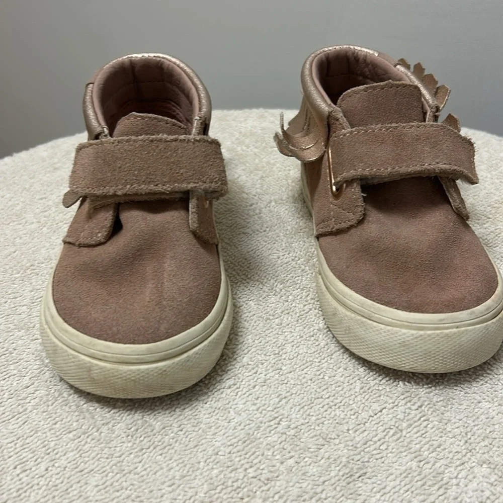 Vans fringe moccasin pink suede sneaker kids toddlers Slip In loop strap size 7